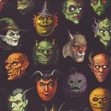 CREEPSVILLE CREEPY FACES ON BLACK QUILTING TREASURES HALLOWEEN FABRIC HALF YD