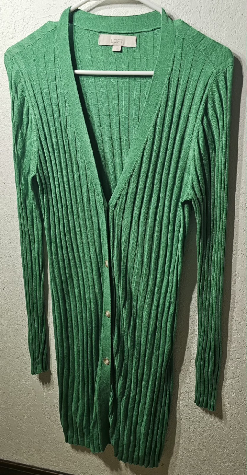 LOFT Kelly Green Ribbed Long Cardigan Sweater Lightweight Tunic Size Large
