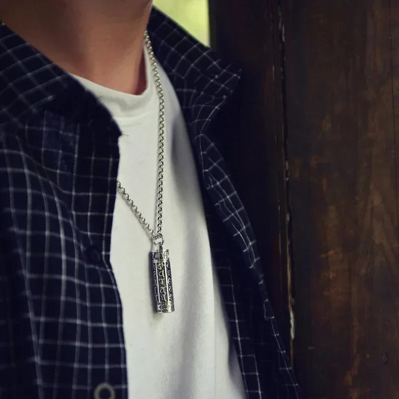 Six Syllable Mantra Cylinder Pendant Tibetan Locket Amulet Necklace for Men - Image 3 of 4