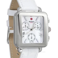MICHELE Deco Sport Womens Chronograph Watch, MOP Dial, White Leather Strap