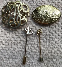 Vtg Scarf Clips & Stick Pins Lot Gold Tone Initial L Dove Monogram