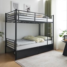 Single Bunk Bed Frame Metal Loft Sleeper w/ Two Drawers Ladder Safety Guardrail