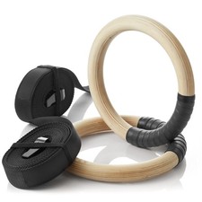 Wood Gymnastic Rings 1" Grip Exercise Ring Set w/ Adjustable Straps Grip Tape