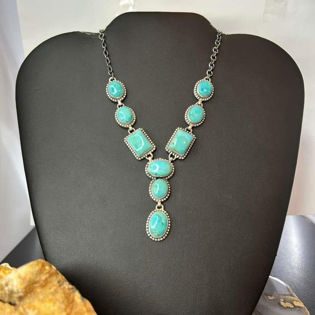 Sterling Southwestern Style Mohave Turquoise Lariat 18" Necklace For Women