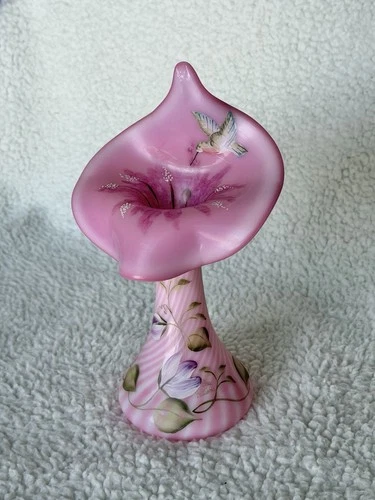 FENTON PINK ROSALENE SPIRAL OPTIC GLASS VASE. Signed by Artist.