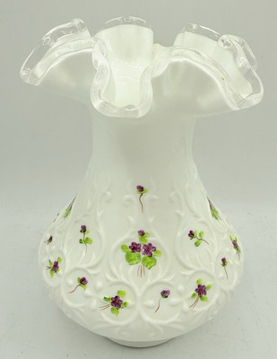 Vtg FENTON Milk Glass White Silver Crest Vase Hand-Painted Flowers K. Haught