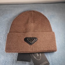 PRADA Knit Logo Beanie Hat One Size Brown Brand New Unisex