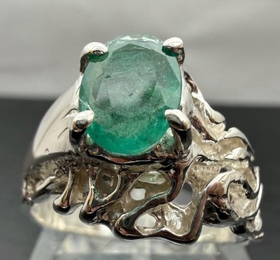 1.74 CT MINED ZAMBIAN EMERALD .925 STERLING SILVER MENS RING SZ 12.5, 7+GR