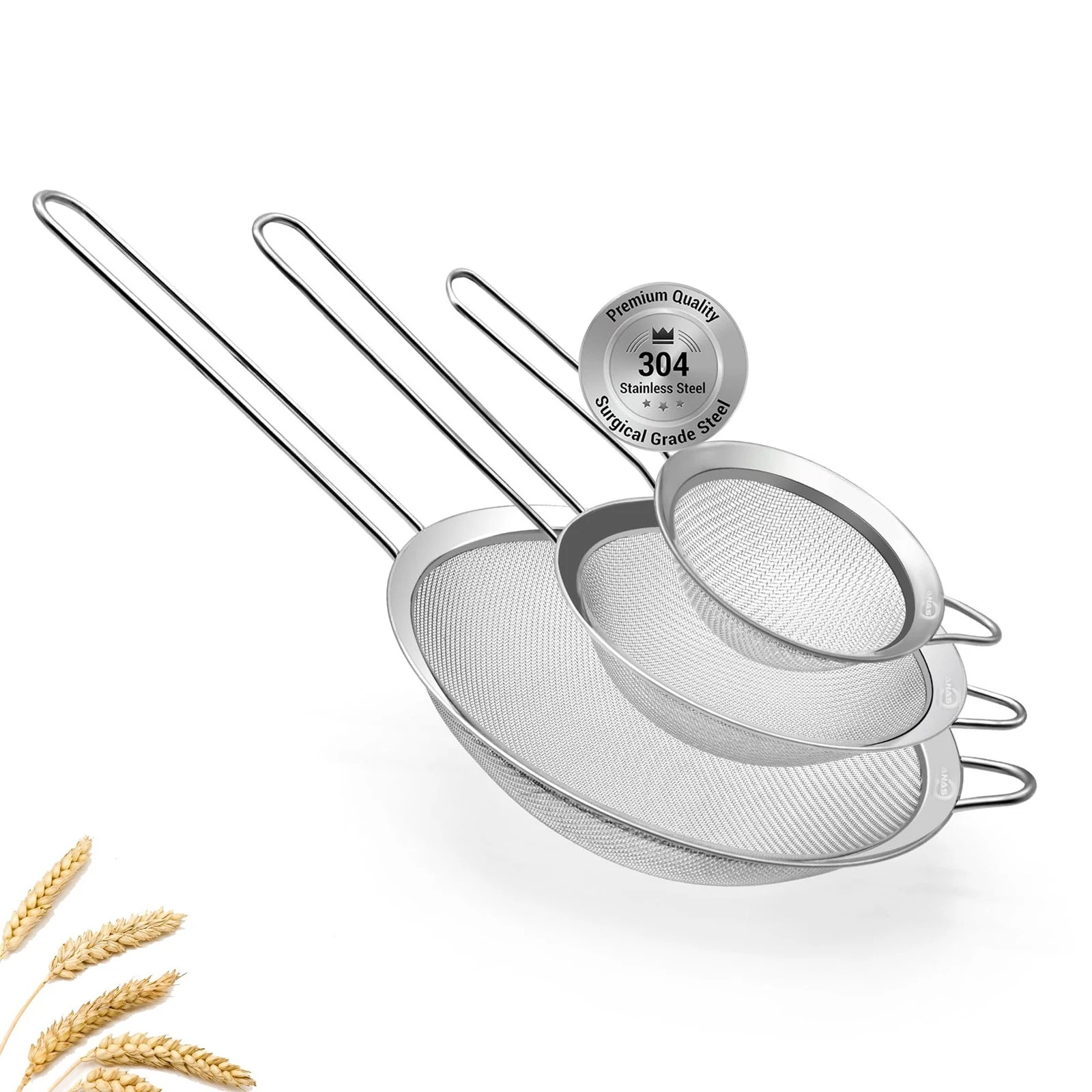 3 Fine Mesh Strainers Set with Handle for Kitchen - Sizes 7", 4.7", 3.3", Eas...