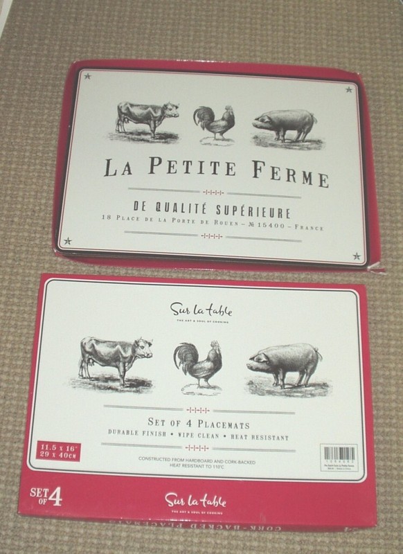 New in Box Set of 4 ($40) Placemats Sur La Table - 11.5" x 16" -Cork Back -Meats