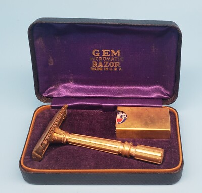 VINTAGE NIB GEM MICROMATIC SAFETY RAZOR BRASS GOLD TONE