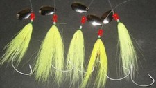 5 FLUKE  3/0 VMC  WIDE GAP HOOKS  BRIGHT YELLOW BUCKTAILS BLADES FREE SHIP