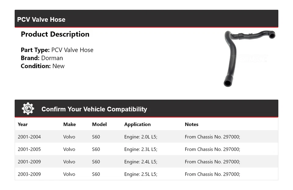 For 2001-2009 Volvo S60 Dorman PCV Valve Hose 2002 2003 2004 2005 2006 2007 2008 - Image 2 of 4