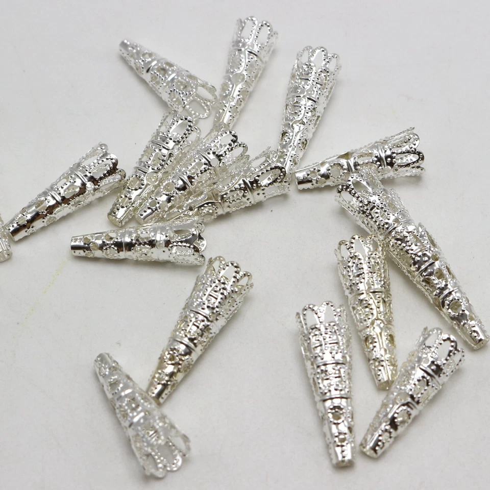 100 piezas Tapas de cuentas de flores largas plateadas 22 mm Tapas de extremo de cuentas de filigrana Espaciadores Foto 3 de 4