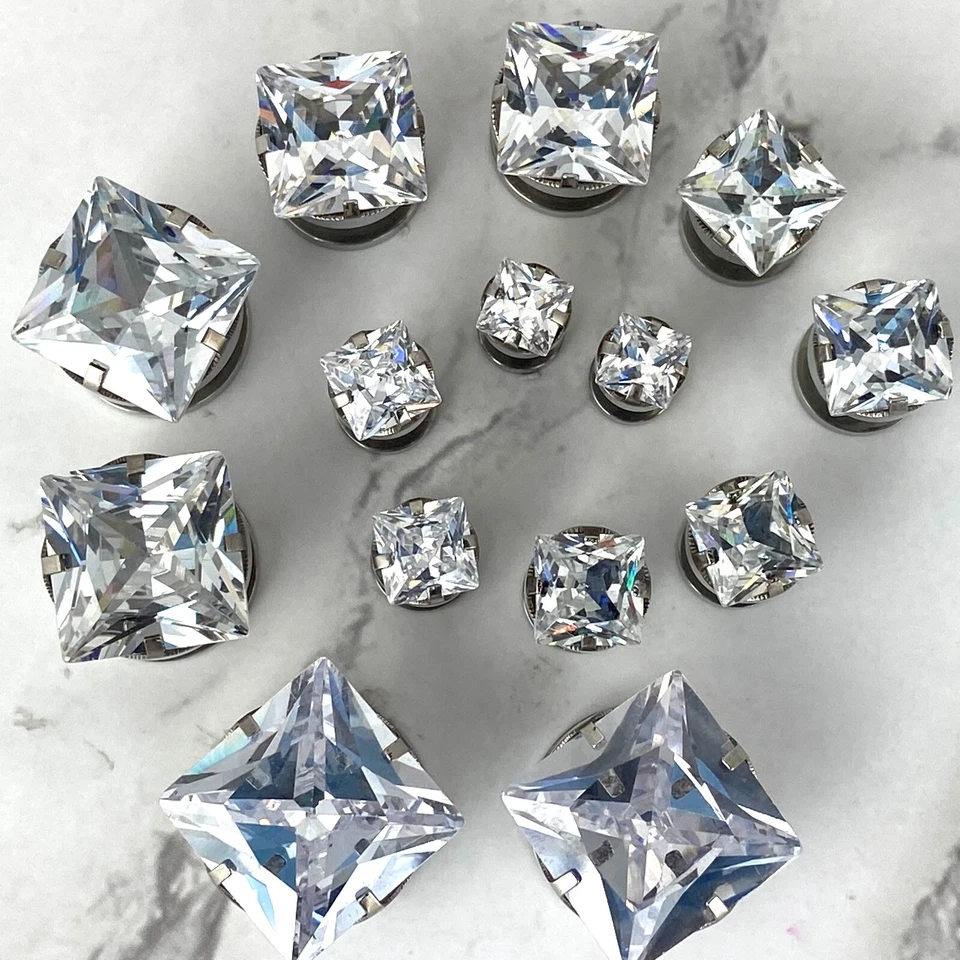 Par de medidores de plugues de parafuso quadrado de aço 316L CZ conjunto de pinos - Imagem 3 de 4