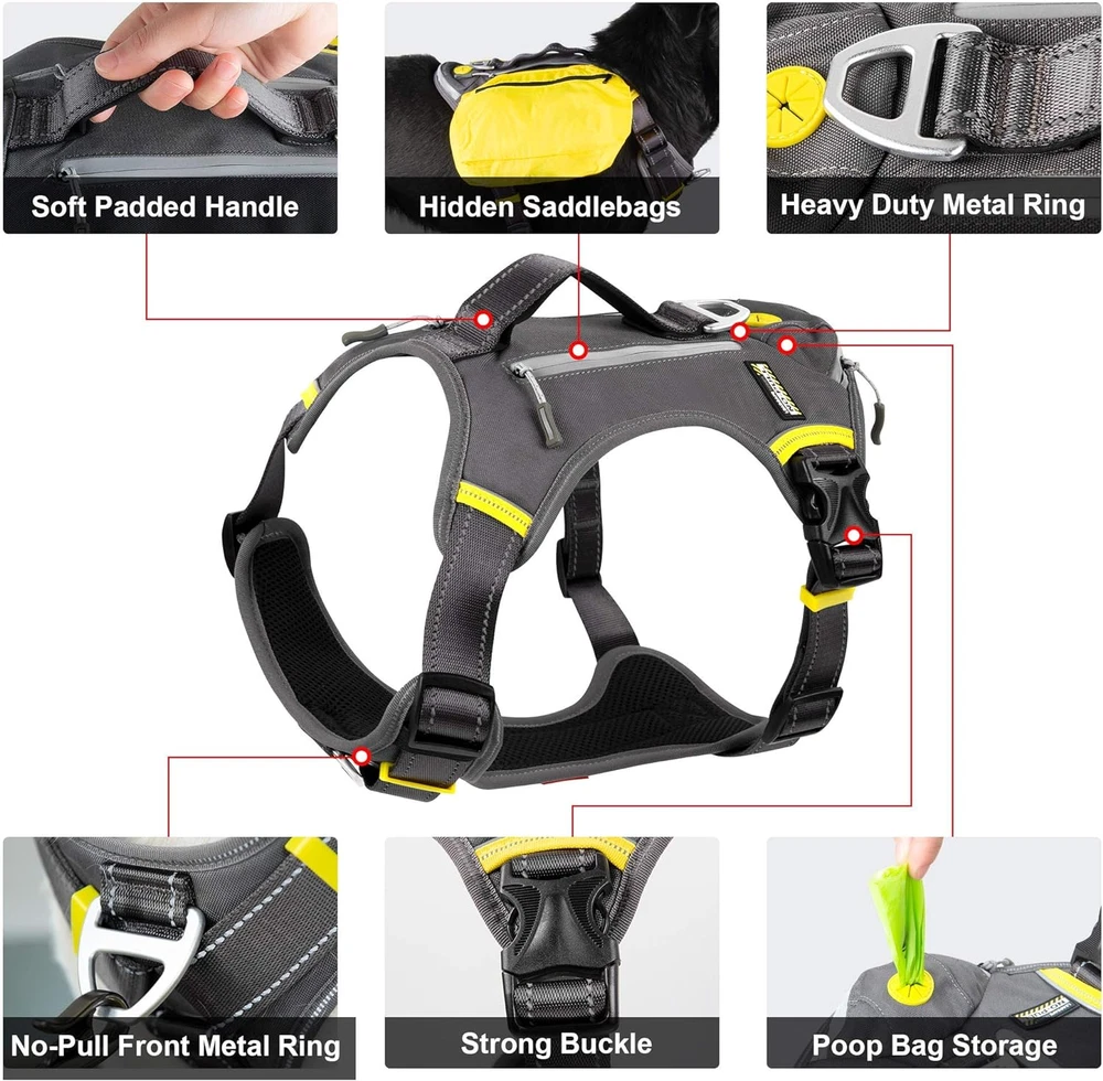 Dog Harness, Multi-Functional No-Pull Pet Vest Harness with Saddle Bags Backpack
