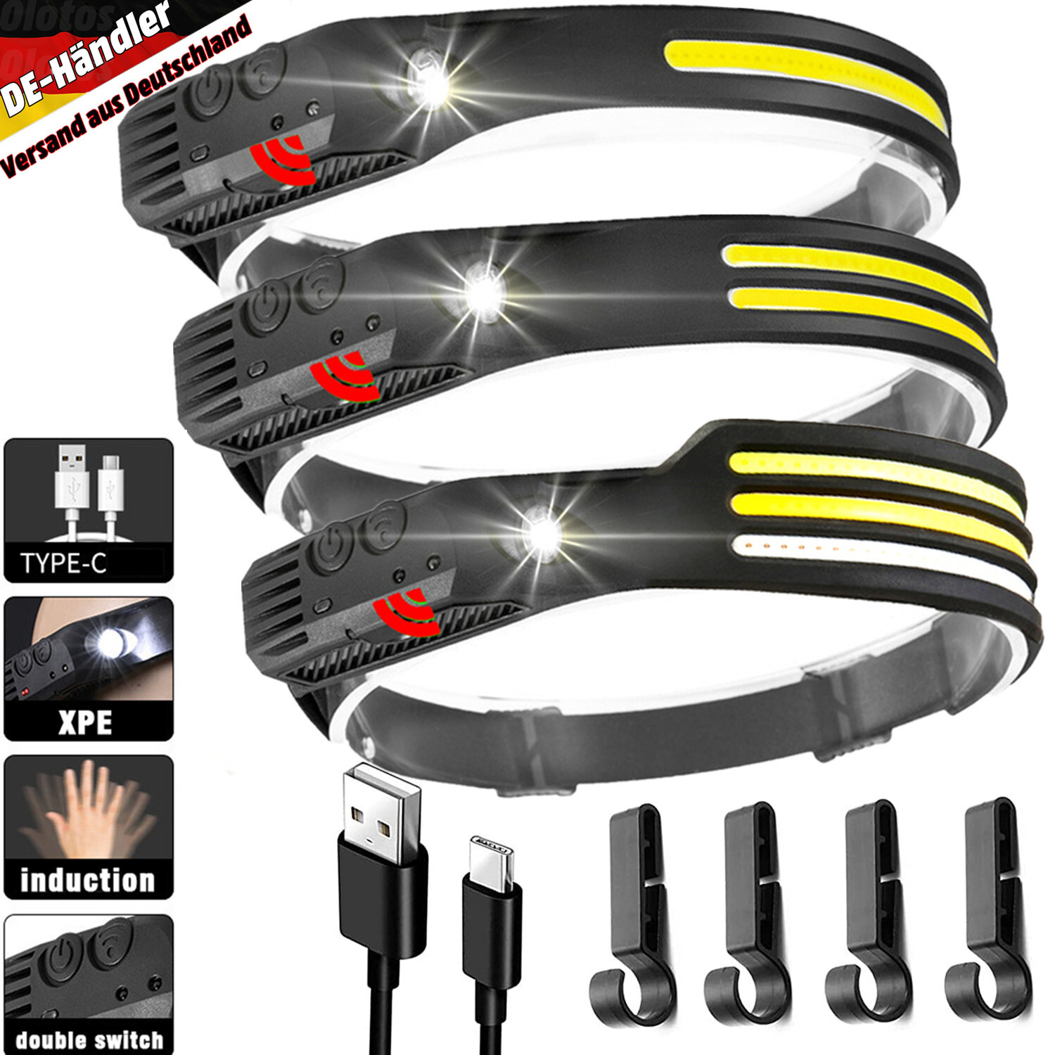 LED Stirnlampe COB Kopflampe Sensor Scheinwerfer USB Wiederaufladbar