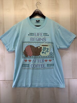 Vtg 90s Needle Point Print Life Begins After Coffee Graphic Tee Made in the USA