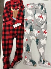 NEW Lot Of 2 Carter  s Zip Up Red Plaid Footed Pajamas Pjs Moose Polar Bear 18M