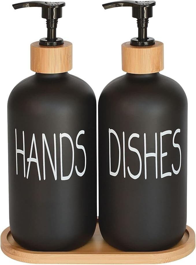 Soap Dispenser Set with Tray Vintage Pump Dish Soap Dispenser Labels Matte Black-image