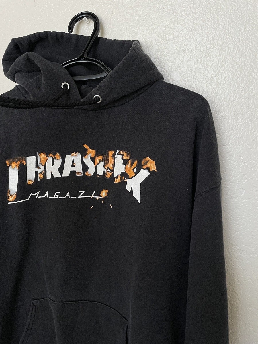 Vintage Thrasher Skate Flames Logo Faded Black Hoodie