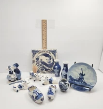 Delft Holland Hand Painted Blue White 11pc Lot Salt Pepper Vase Dutch Boy Girl