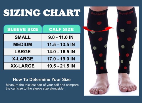 Doc Miller Calf Compression Sleeve 1Pair 20-30mmHg Varicose Polka Dot BLK/REDGRN - Picture 2 of 9