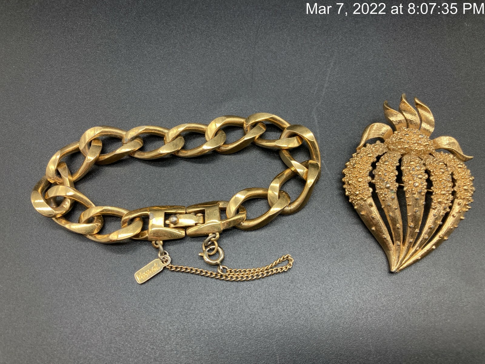 Vintage MONET Signed Solid Chain Bracelet & Gold … - image 1