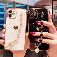 Girl's Plating Heart Hand Chain Case Cover For iPhone 13 Pro Max 12 11 XS XR 7 8