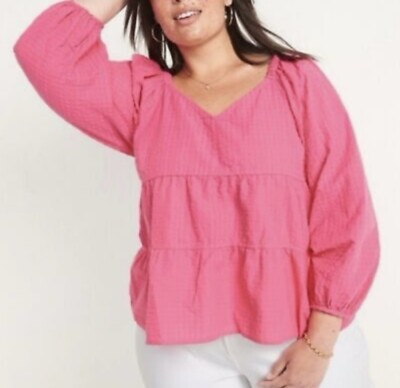 NWT Old Navy Womens Tiered Seersucker Top Shirt XL Swing Boho Puff Sleeve Pink