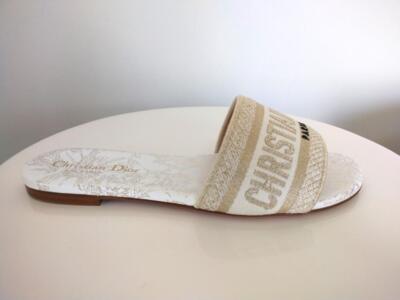 Auth Christian Dior White and Gold-Tone Dway Floral Motif Slides size 37