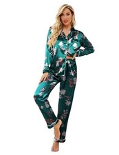 Women's Classic Button Down Long Satin Silk Pajama Set X-Large Green Floral