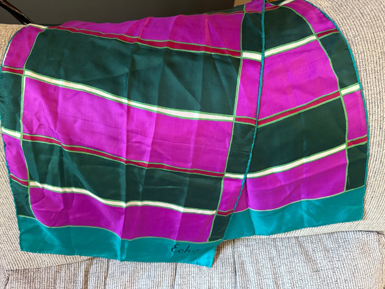 Rectangular Vintage Echo Silk Block Design Scarf,… - image 3