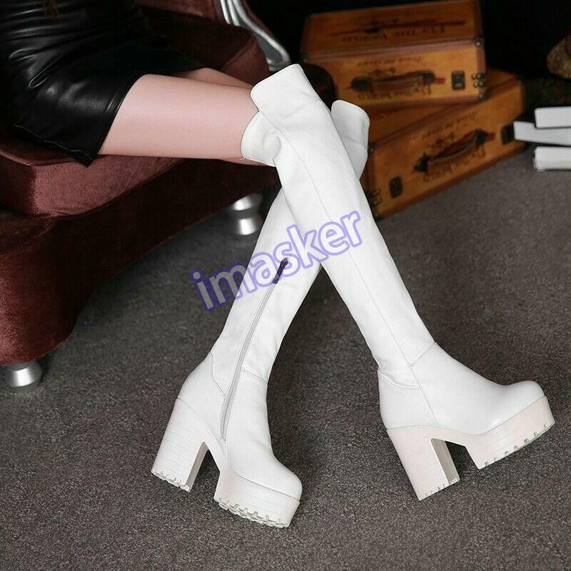 Womens Thigh High Over The Knee Platform Side Zip Chunky Heel Boots Gothic Shoes