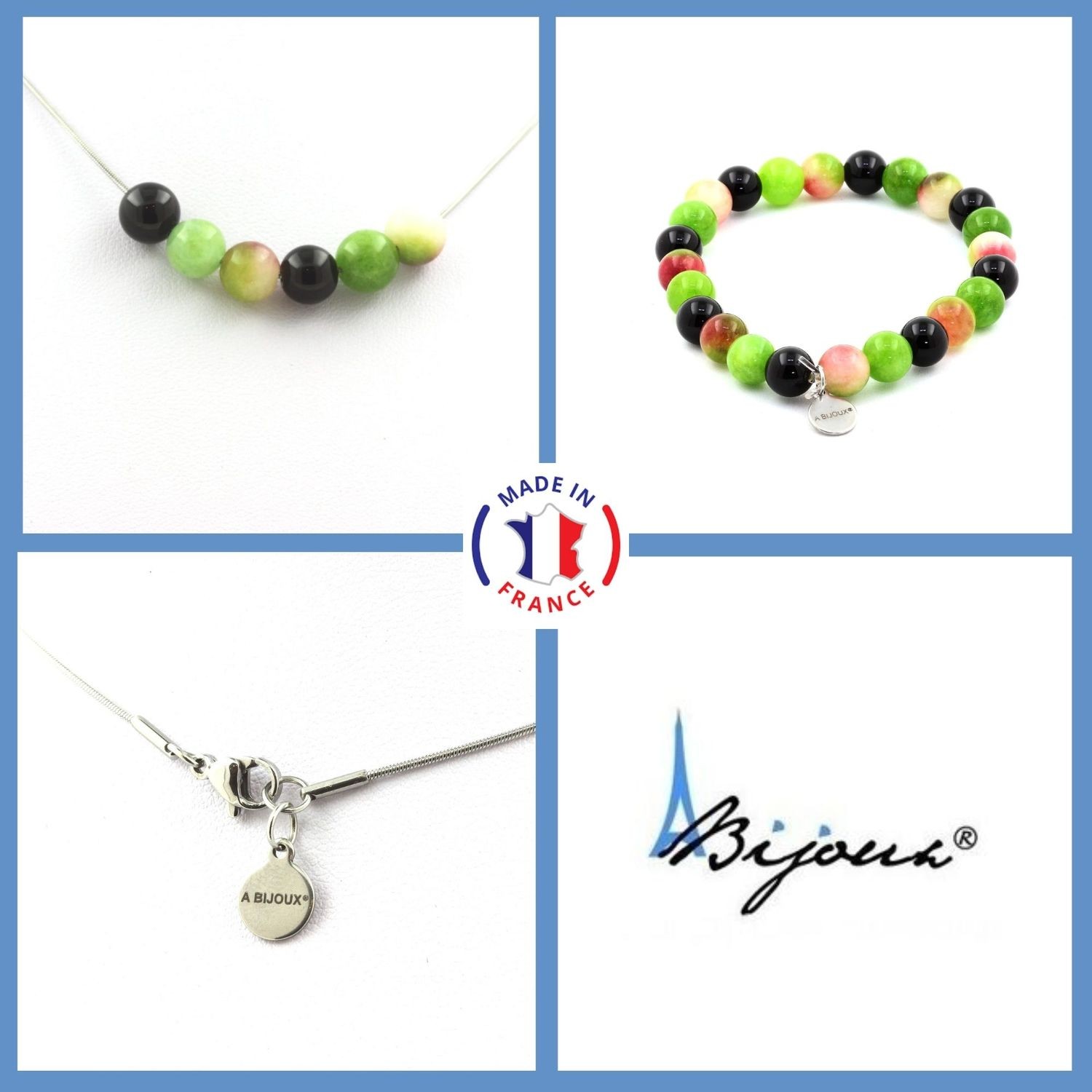 Parure bracelet collier perles agate noire minéraux et pierres précieuses