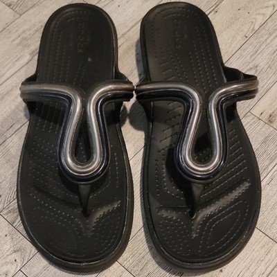 Crocs Sanrah Metal Black And Silver Womens Flip Flops Size 11
