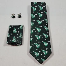 Barry Wang Christmas Tie Green 100% Silk with Kerchief and Cufflinks