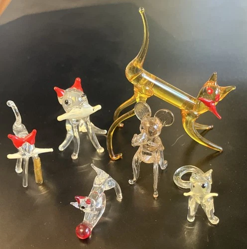 Lot Of 6 Vintage Hand Blown Glass Miniature Animal Cat Figurines-Murano Style
