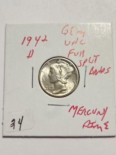 1942 D GEM UNC+++ FULL SPLIT BANDS 90% SILVER MERCURY DIME