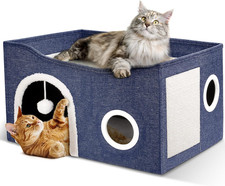 Cat House for Indoor Cats - Large Cat Bed Cave with Fluffy Ball and Scratch Pad,