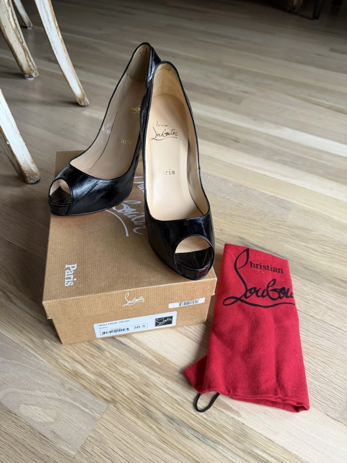 Christian Louboutin — Christian Louboutin Lady Peeps 150mm Black Patent Leather Shoes Size EU 38.5