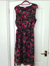 Peacocks A-Line Dress UK 20 Black Floral Round Neck Sleeveless Midi Lined
