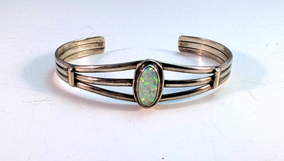 Native American Navajo Sterling Silver Lab Create Fire Opal Silver Cuff Bracelet
