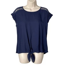 Fortune + Ivy Tabitha Crochet Detail Tie Front Navy Blue Blouse Size S