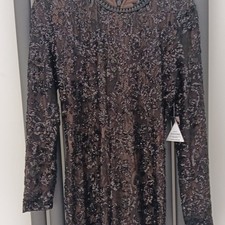 Nadine Merabi UK 14 Black Sequin Floral Lace Belted Long Sleeve Jumpsuit