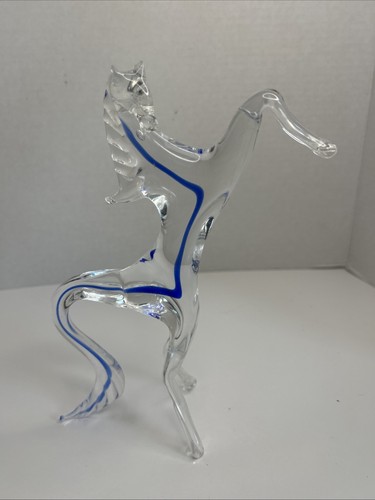 Vintage Murano Style 8-3/4” Figure Horse Hand Blown Clear Glass Blue Stripe