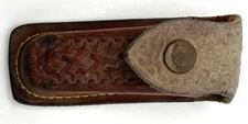 Vintage Folding Pocket Knife Brown Engraved Leather Sheath Only 4" Snap Close