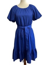 Talbots Blue Fit & Flare Dress Puff Sleeve Seersucker Size SP (4-6)