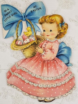 Little Easter Girl in Pink - 1940's Vintage HALLMARK Greeting Card