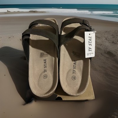TF Star Men's Cow Suede Leather Slide Sandals with Adjustable Buckle Size 13,new